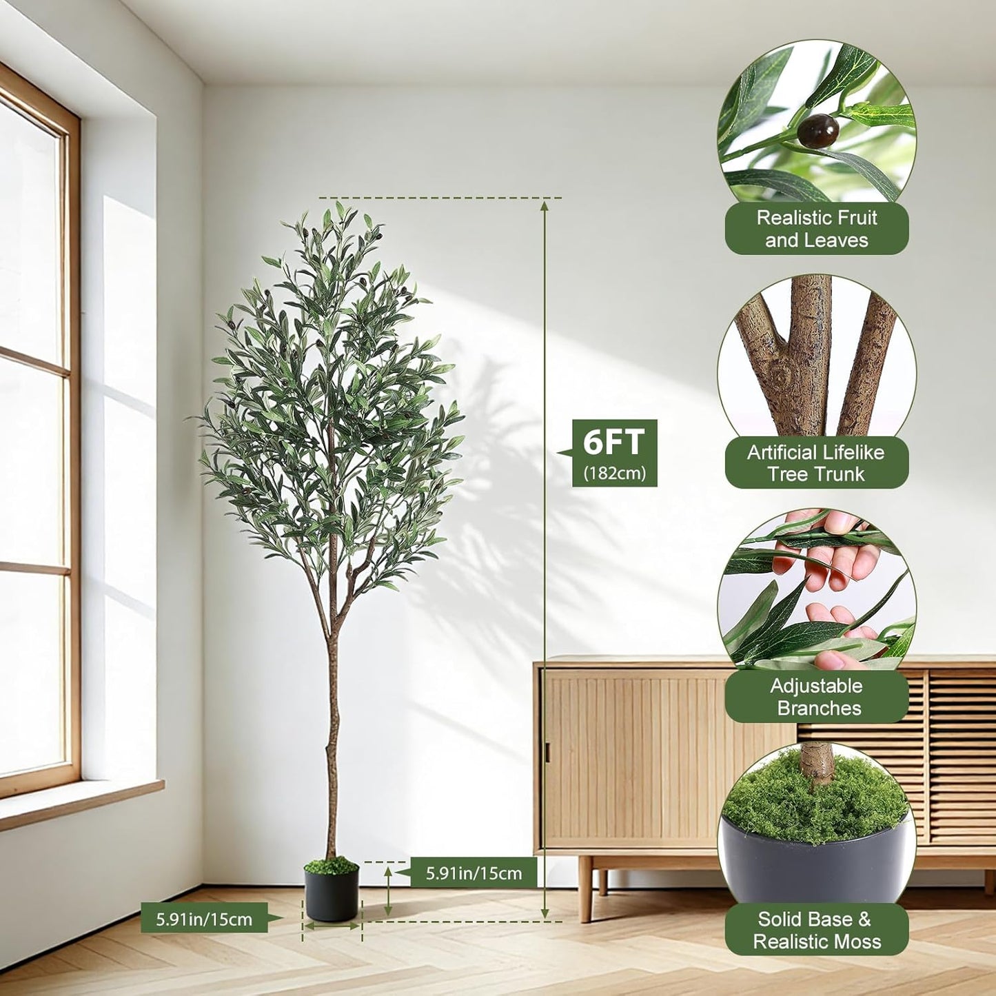 6ft Faux Olive Tree with Lifelike Fruits and Realistic Leaves | Artificial Potted Olive Tree, Fake Plant for Living Room, Office & Modern Home Decoration