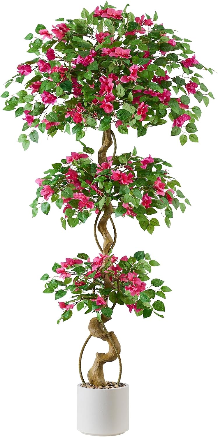 6FT Artificial Bougainvillea Tree, Faux Silk Plant in White Pot