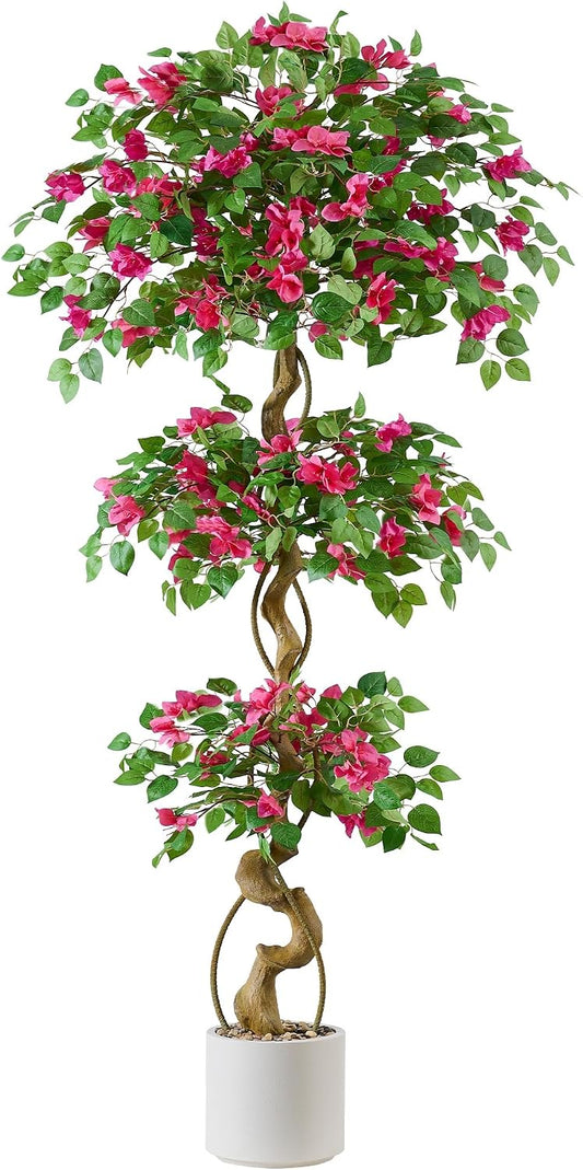 6FT Artificial Bougainvillea Tree, Faux Silk Plant in White Pot
