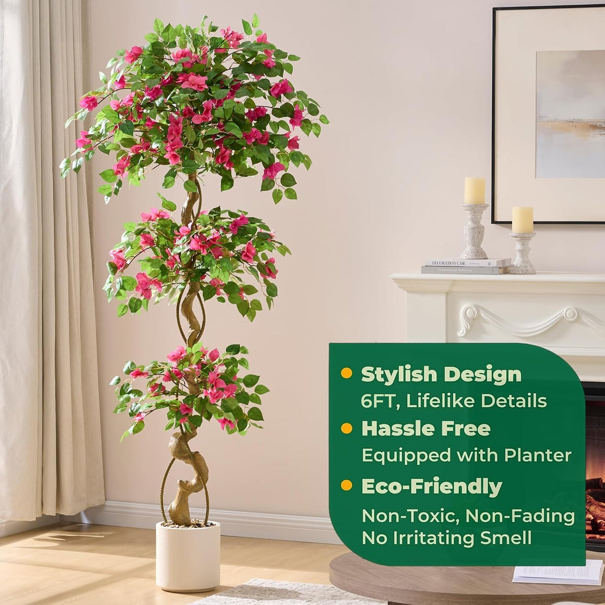 6FT Artificial Bougainvillea Tree, Faux Silk Plant in White Pot