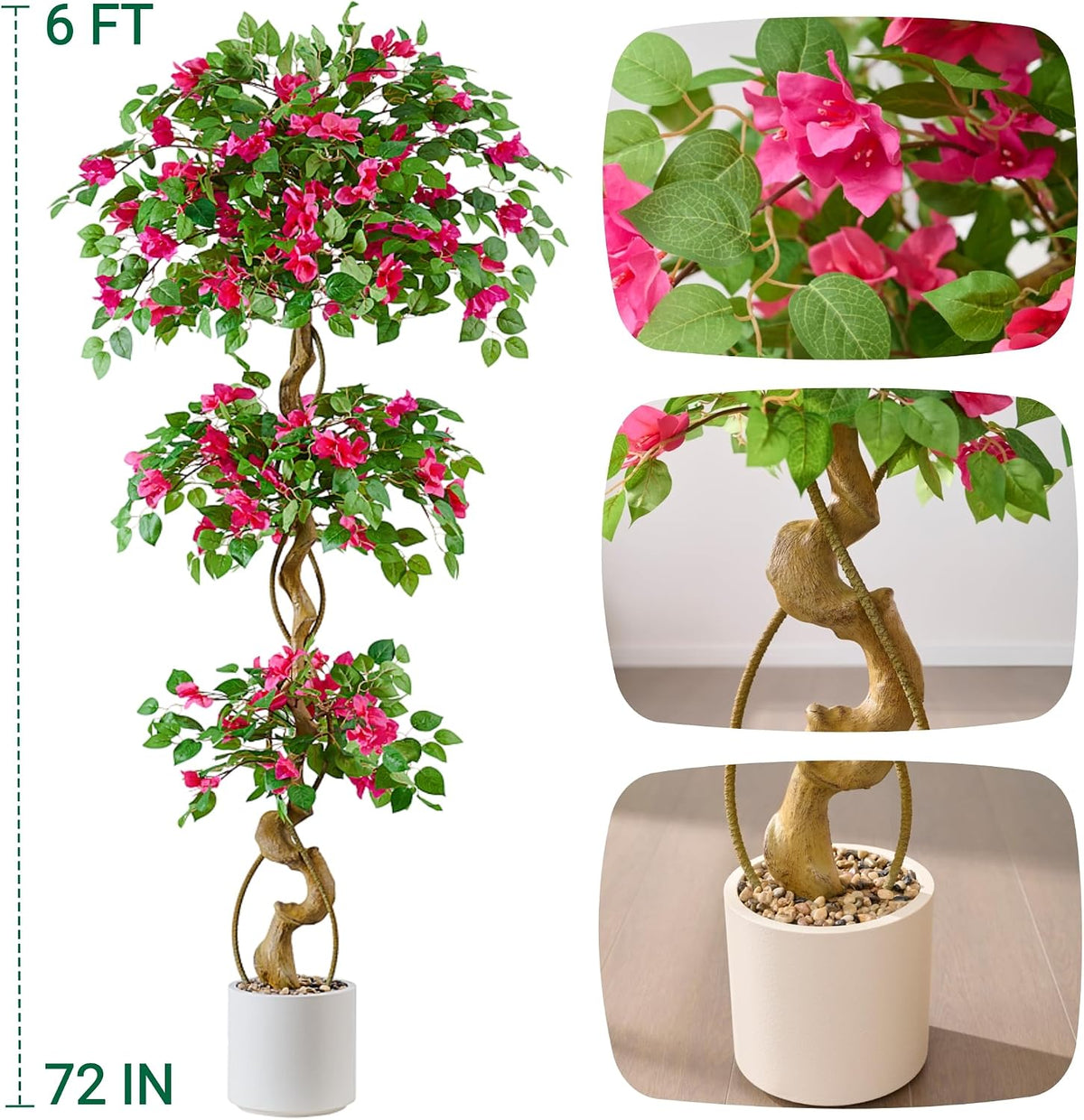 6FT Artificial Bougainvillea Tree, Faux Silk Plant in White Pot