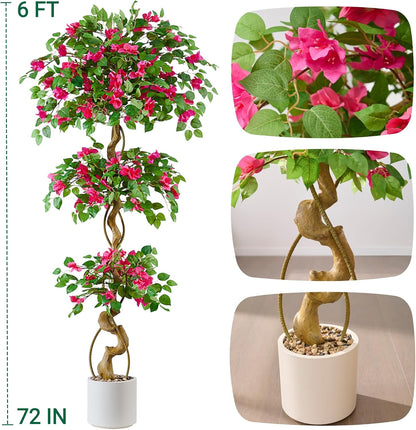 6FT Artificial Bougainvillea Tree, Faux Silk Plant in White Pot