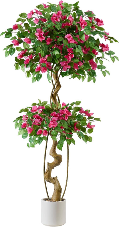 6FT Artificial Bougainvillea Tree, Faux Silk Plant in White Pot