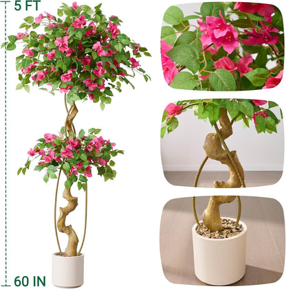 6FT Artificial Bougainvillea Tree, Faux Silk Plant in White Pot