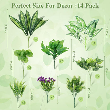 14Bundles Artificial Greenery Plants Outdoor Artificial Ivy Plants Faux Pothos Ferns Stems UV Resistant, Realistic Fake Shrubs Grasses Flowers Planter Filler for Window Box,Porch,Garden,Front