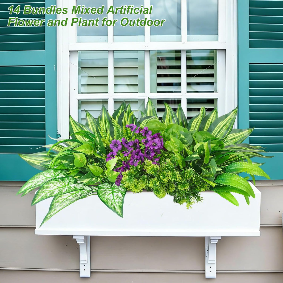 14Bundles Artificial Greenery Plants Outdoor Artificial Ivy Plants Faux Pothos Ferns Stems UV Resistant, Realistic Fake Shrubs Grasses Flowers Planter Filler for Window Box,Porch,Garden,Front