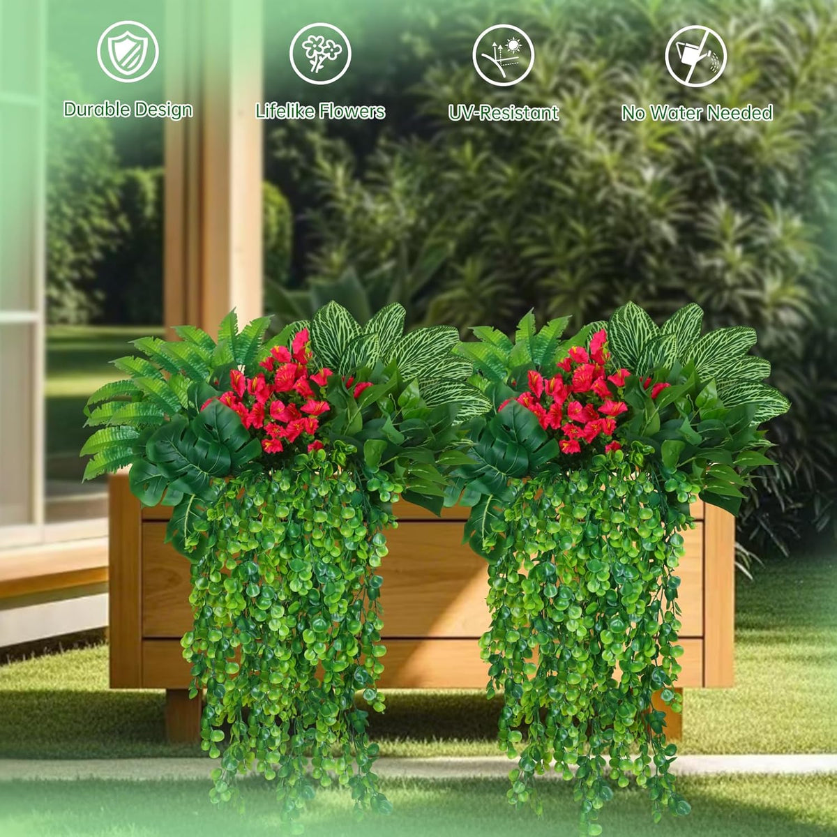14Bundles Artificial Greenery Plants Outdoor Artificial Ivy Plants Faux Pothos Ferns Stems UV Resistant, Realistic Fake Shrubs Grasses Flowers Planter Filler for Window Box,Porch,Garden,Front