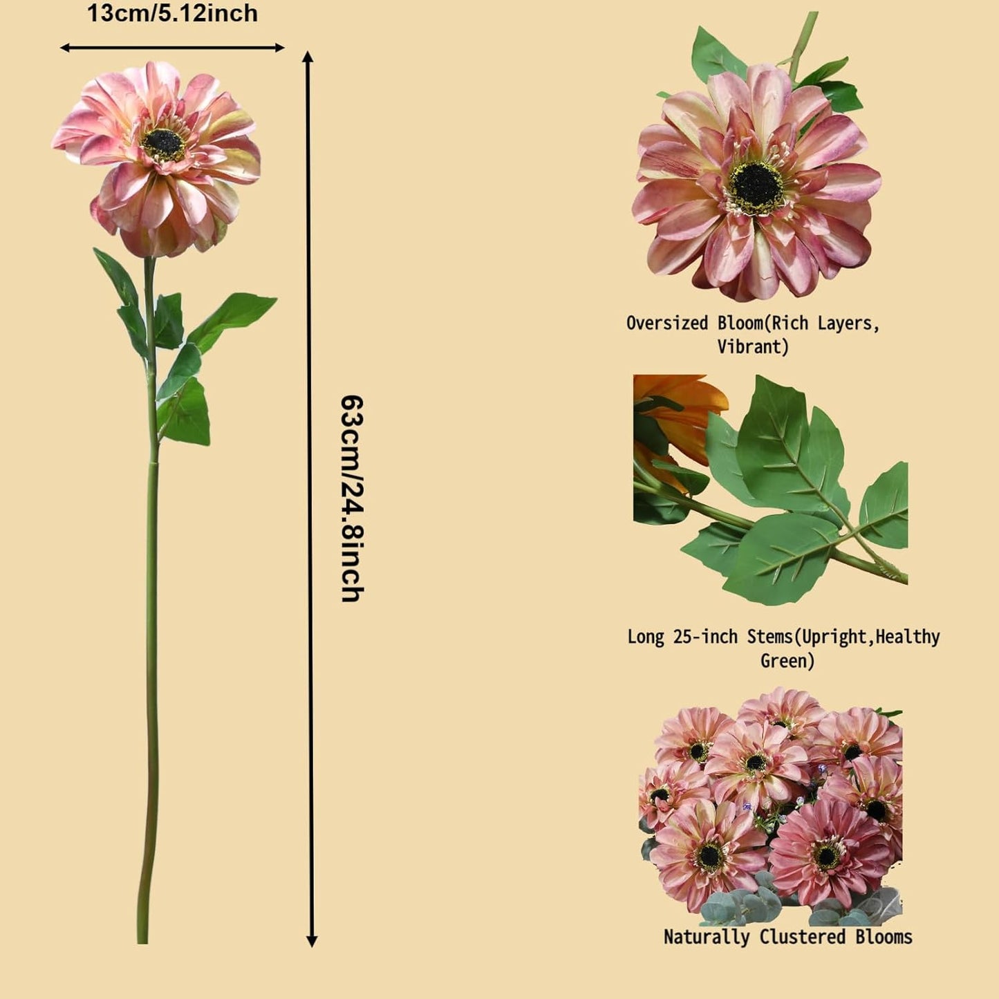Silk Dahlia Artificial Flowers 24 Inch Long Stem - 5 Pack Fake Flowers for Wedding Bouquets,Home Decor,Spring Easter Flowers,Table Arrangements-Faux Dahlia Floral (Pink1)