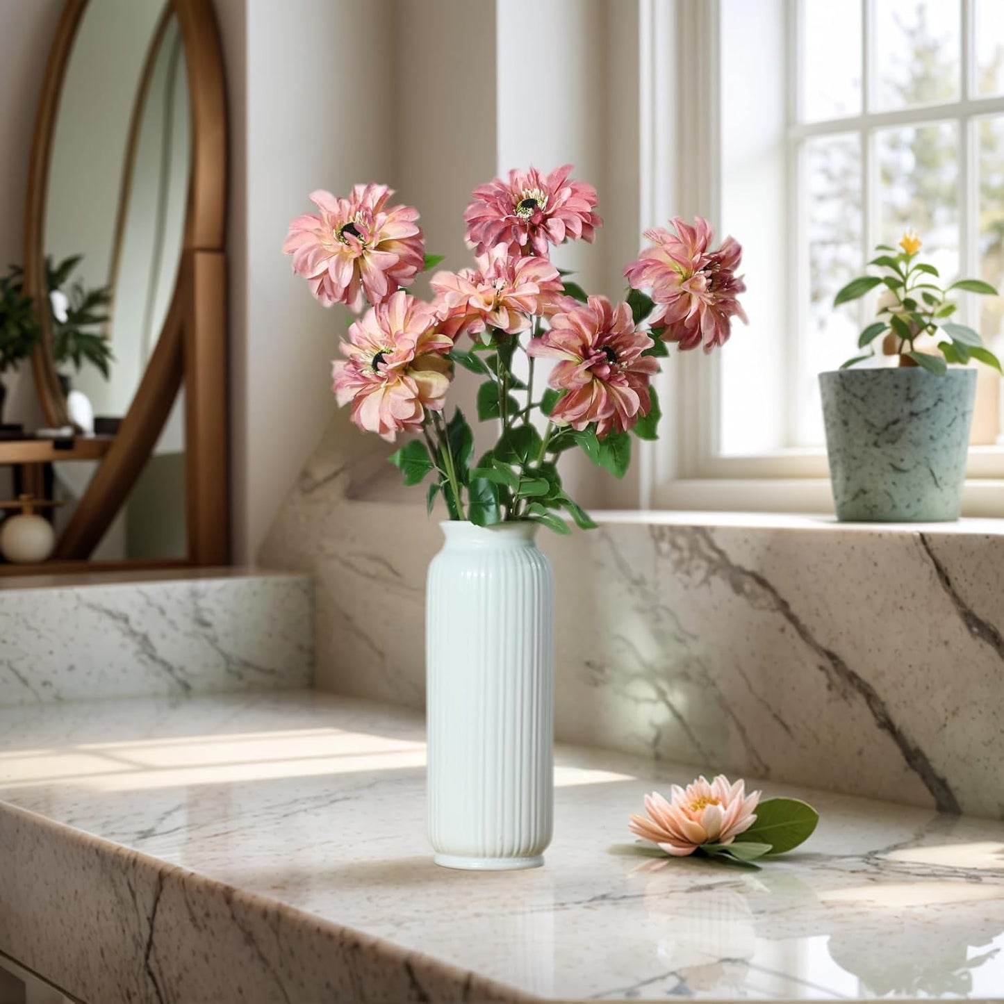 Silk Dahlia Artificial Flowers 24 Inch Long Stem - 5 Pack Fake Flowers for Wedding Bouquets,Home Decor,Spring Easter Flowers,Table Arrangements-Faux Dahlia Floral (Pink1)