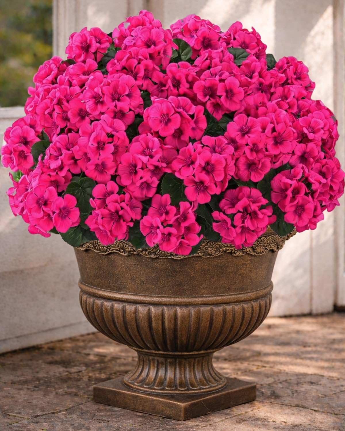 Artificial Flowers for Outdoors – 6 Bundles of UV-Resistant Artificial Geraniums, Realistic Silk Flowers for Front Porch, Patio, Garden, Window Boxes & Hanging Baskets (Red, 6)