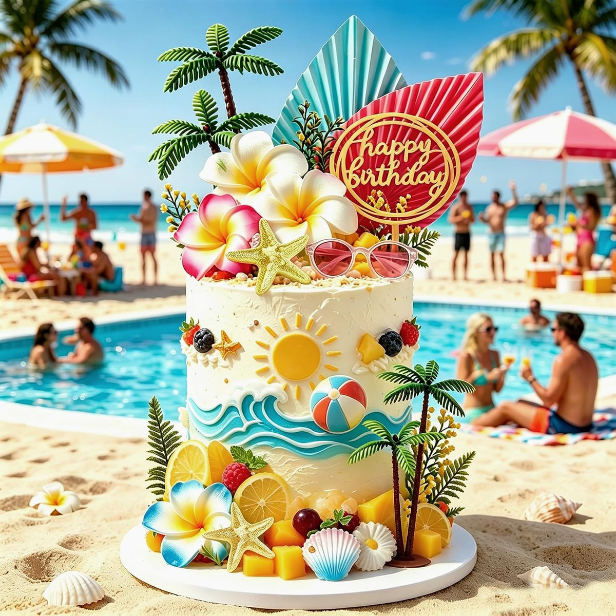 Summer Flower Cake Toppers Hawaiian Beach Cake Decorations