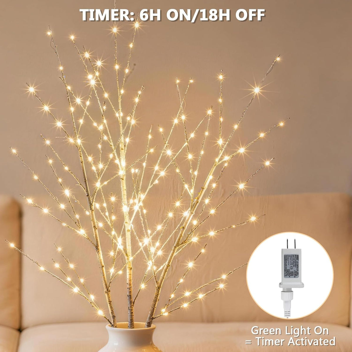 Lighted Birch White Tree Branches 33IN 180LED with Timer Plug in