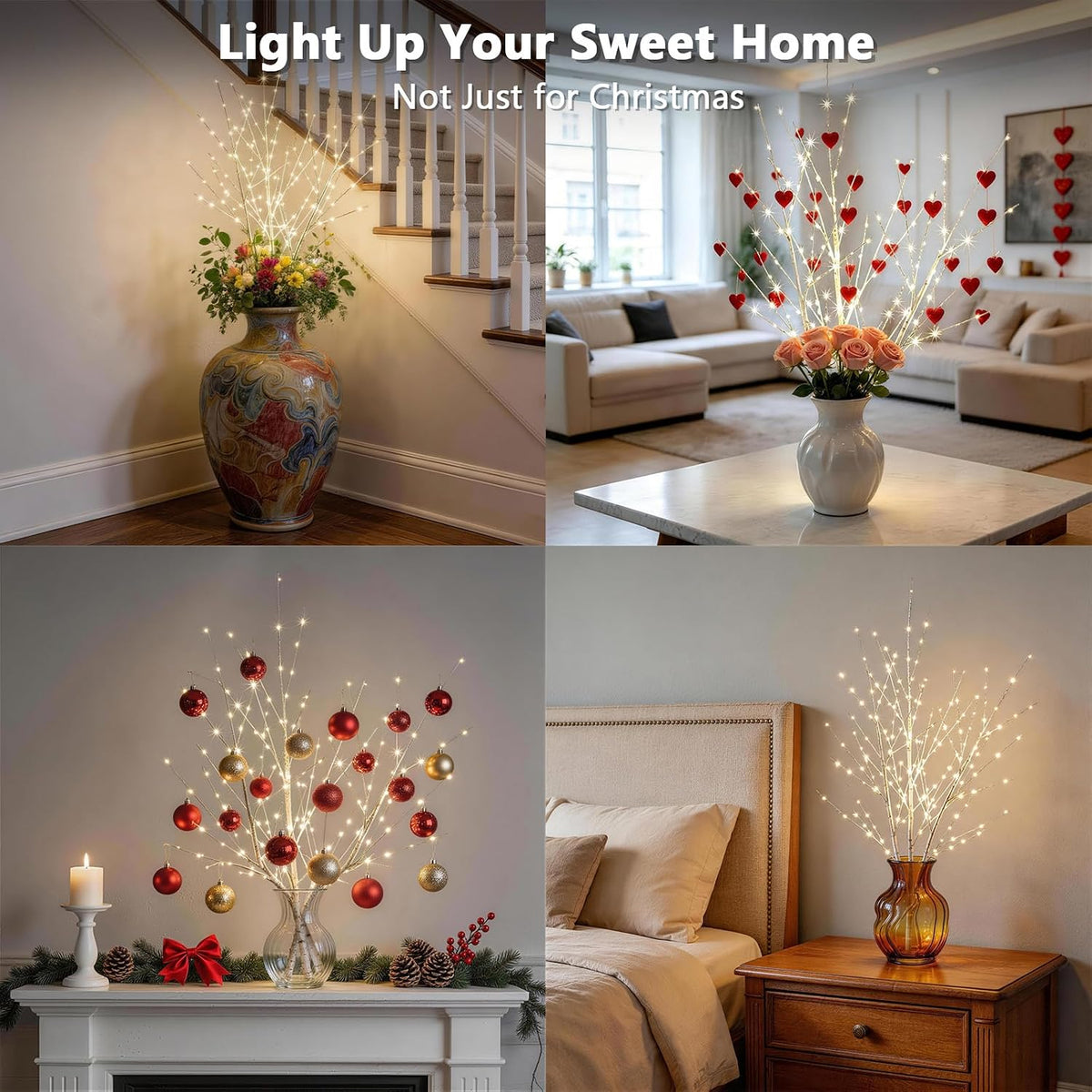 Lighted Birch White Tree Branches 33IN 180LED with Timer Plug in