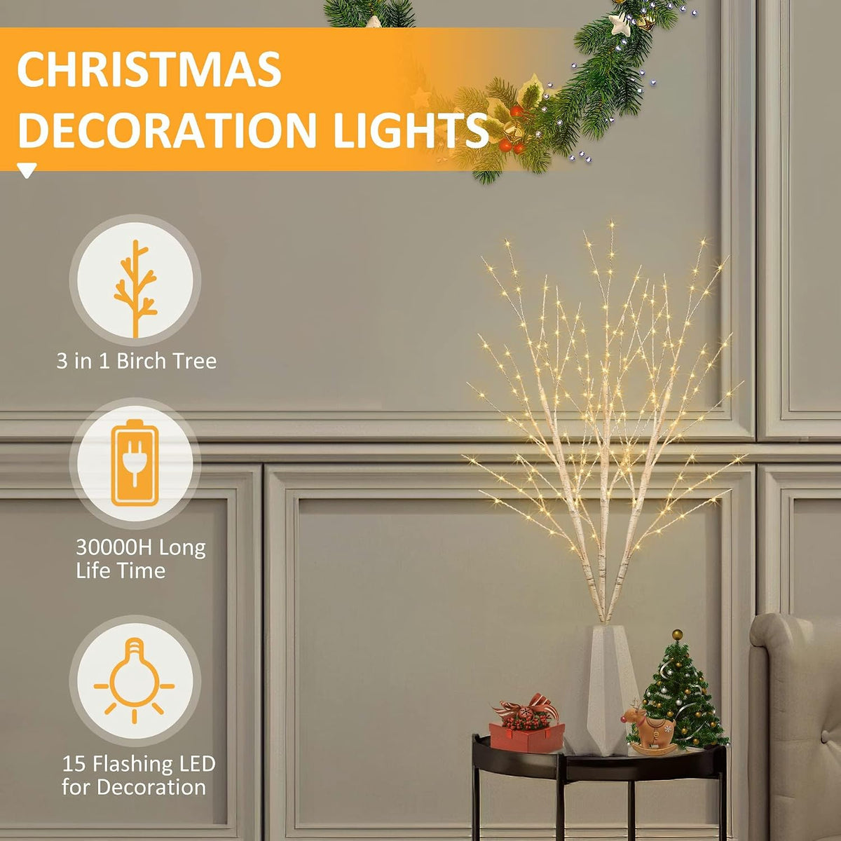 Lighted Birch White Tree Branches 33IN 180LED with Timer Plug in