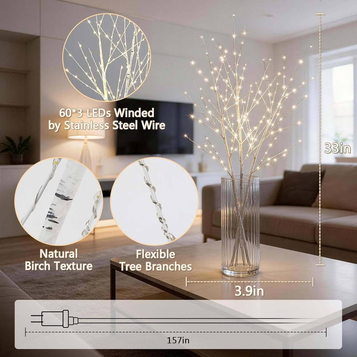 Lighted Birch White Tree Branches 33IN 180LED with Timer Plug in