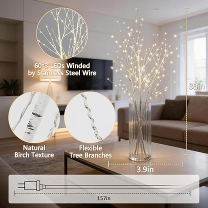 Lighted Birch White Tree Branches 33IN 180LED with Timer Plug in