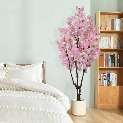 6ft Tall Cherry Blossom Artificial Tree, Handmade White Cherry Tree, Fake Flower Faux Silk Leaves Plant, Artificial Plants for Home Office Indoor Outdoor Party Wedding Christmas Decor