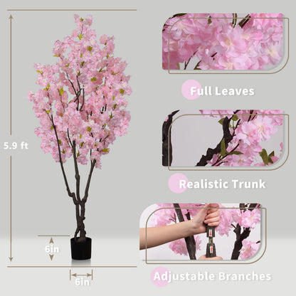 6ft Tall Cherry Blossom Artificial Tree, Handmade White Cherry Tree, Fake Flower Faux Silk Leaves Plant, Artificial Plants for Home Office Indoor Outdoor Party Wedding Christmas Decor
