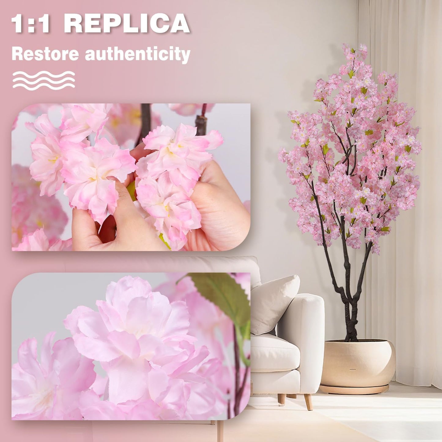 6ft Tall Cherry Blossom Artificial Tree, Handmade White Cherry Tree, Fake Flower Faux Silk Leaves Plant, Artificial Plants for Home Office Indoor Outdoor Party Wedding Christmas Decor