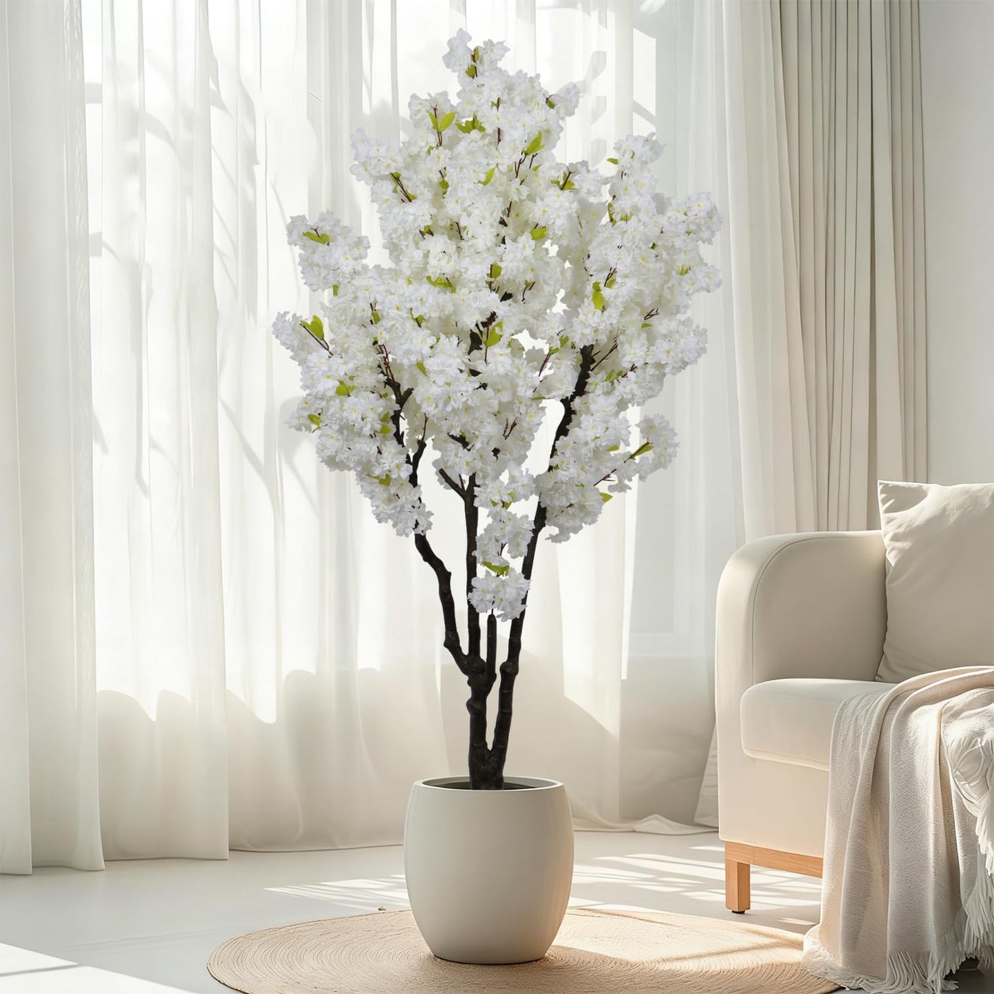 6ft Tall Cherry Blossom Artificial Tree, Handmade White Cherry Tree, Fake Flower Faux Silk Leaves Plant, Artificial Plants for Home Office Indoor Outdoor Party Wedding Christmas Decor