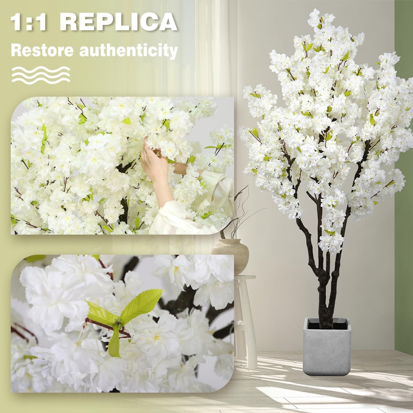 6ft Tall Cherry Blossom Artificial Tree, Handmade White Cherry Tree, Fake Flower Faux Silk Leaves Plant, Artificial Plants for Home Office Indoor Outdoor Party Wedding Christmas Decor