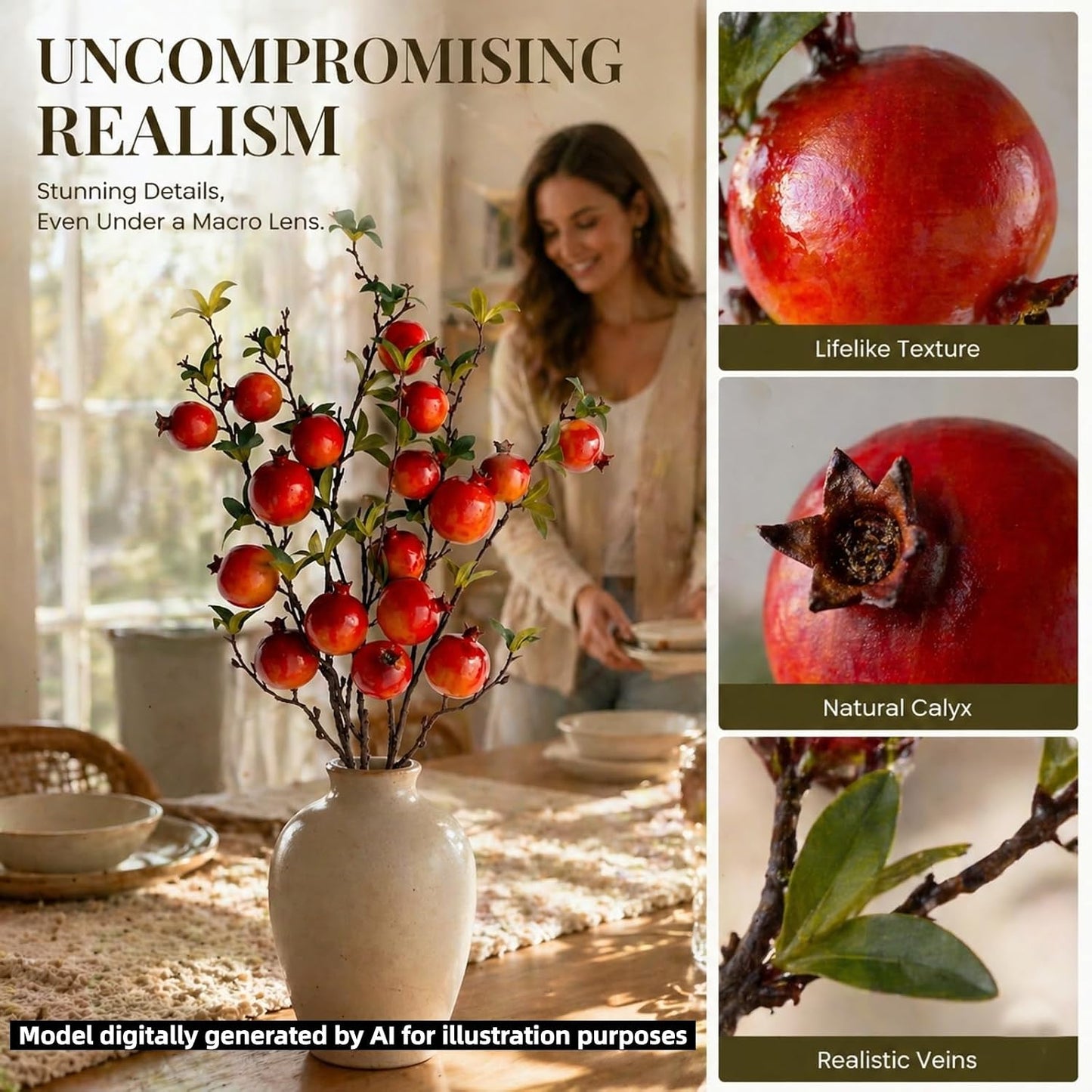 3 Pcs Artificial Pomegranate Branches, 37.4 Inch Fake Pomegranates Tree Branches for Decoration, Plastic Artificial Pomegranate Tree Branch for Home Table Centerpiece Decor (Pomegranate Branches)