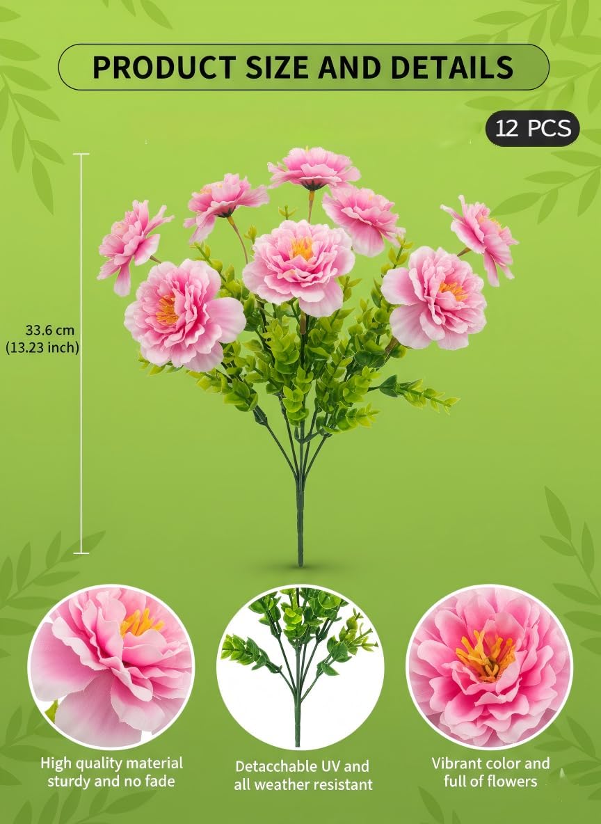 Camellia Artificial Flowers White - 12PCS UV Resistant Silk Faux Flowers for Outdoor Planters, Front Porch, Garden & Patio Decor (White)
