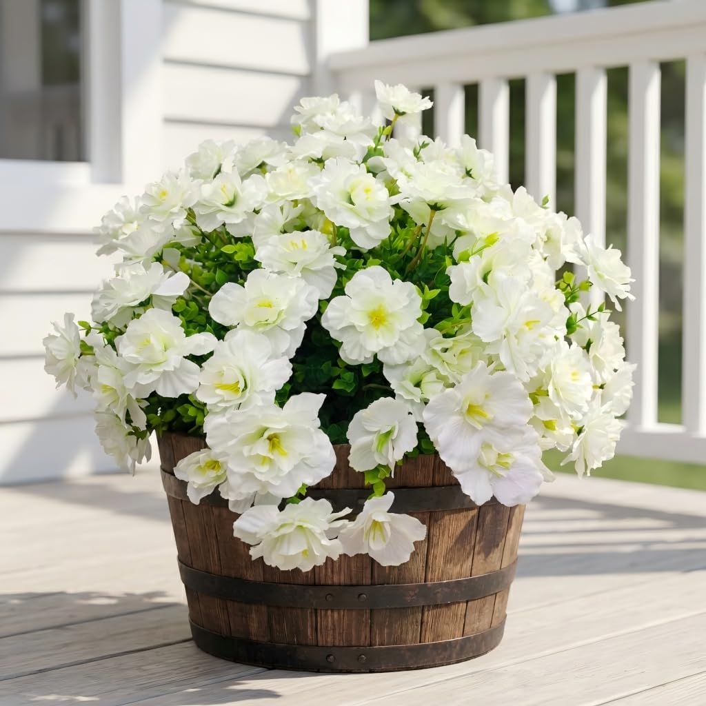 Camellia Artificial Flowers White - 12PCS UV Resistant Silk Faux Flowers for Outdoor Planters, Front Porch, Garden & Patio Decor (White)