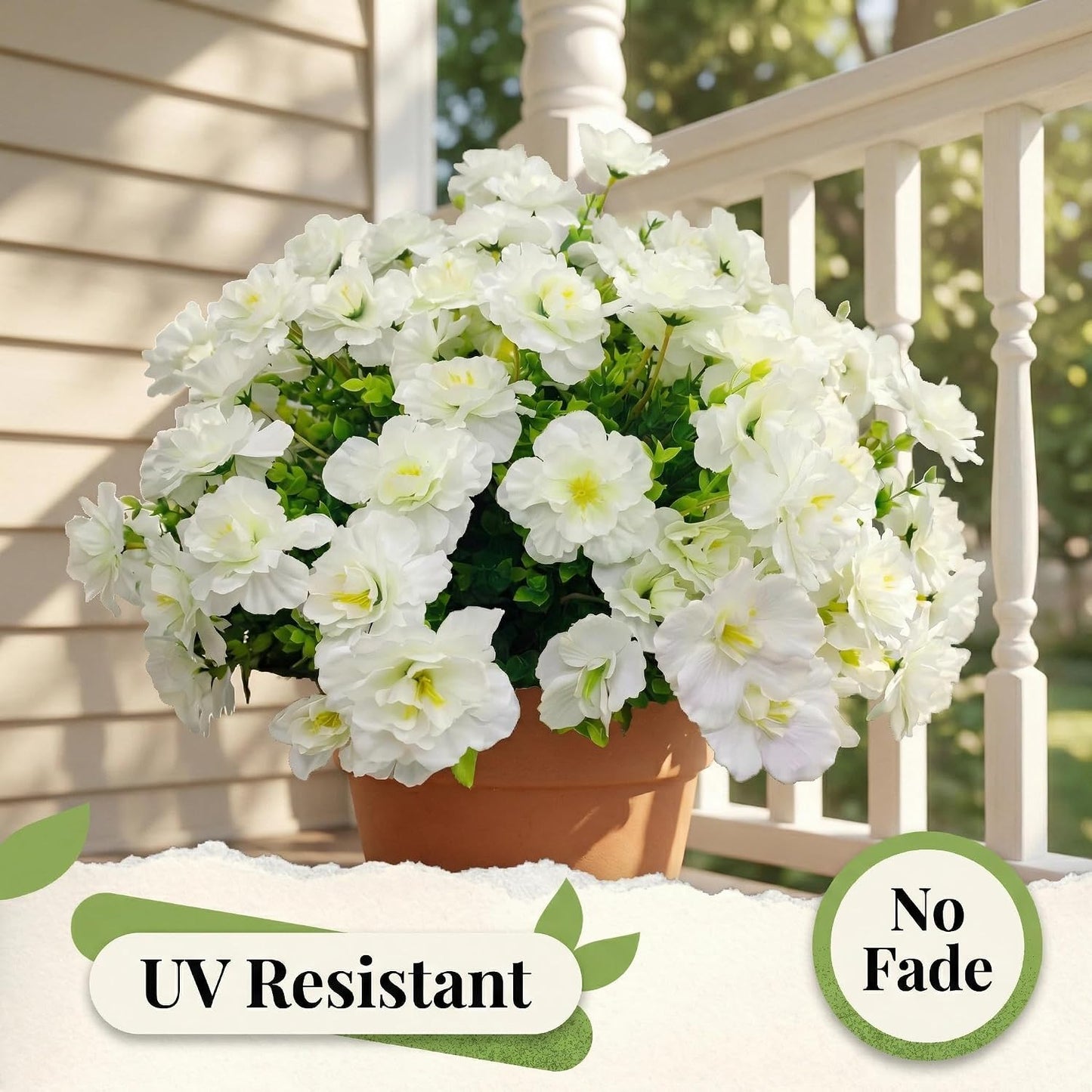 Camellia Artificial Flowers White - 12PCS UV Resistant Silk Faux Flowers for Outdoor Planters, Front Porch, Garden & Patio Decor (White)