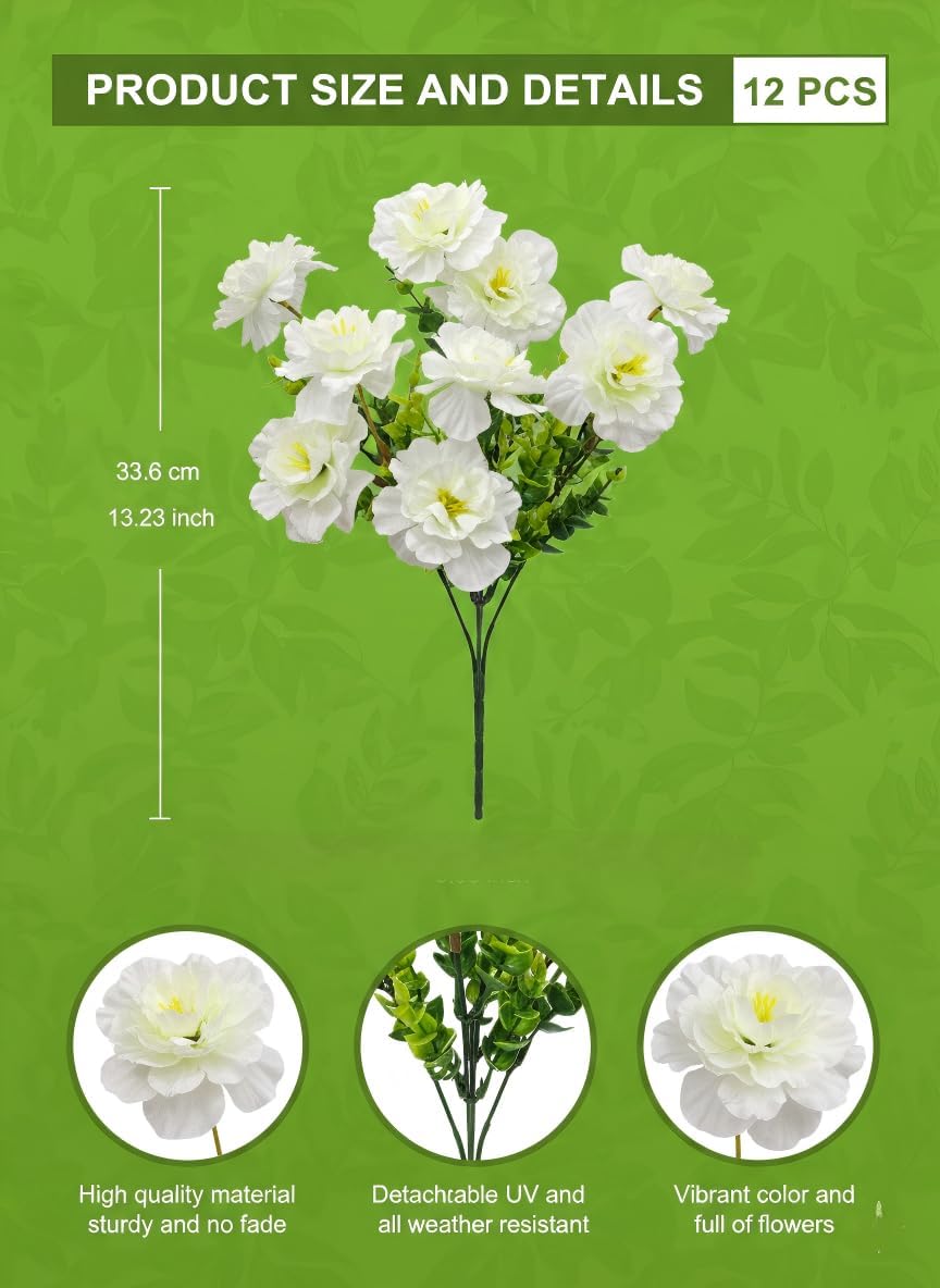 Camellia Artificial Flowers White - 12PCS UV Resistant Silk Faux Flowers for Outdoor Planters, Front Porch, Garden & Patio Decor (White)