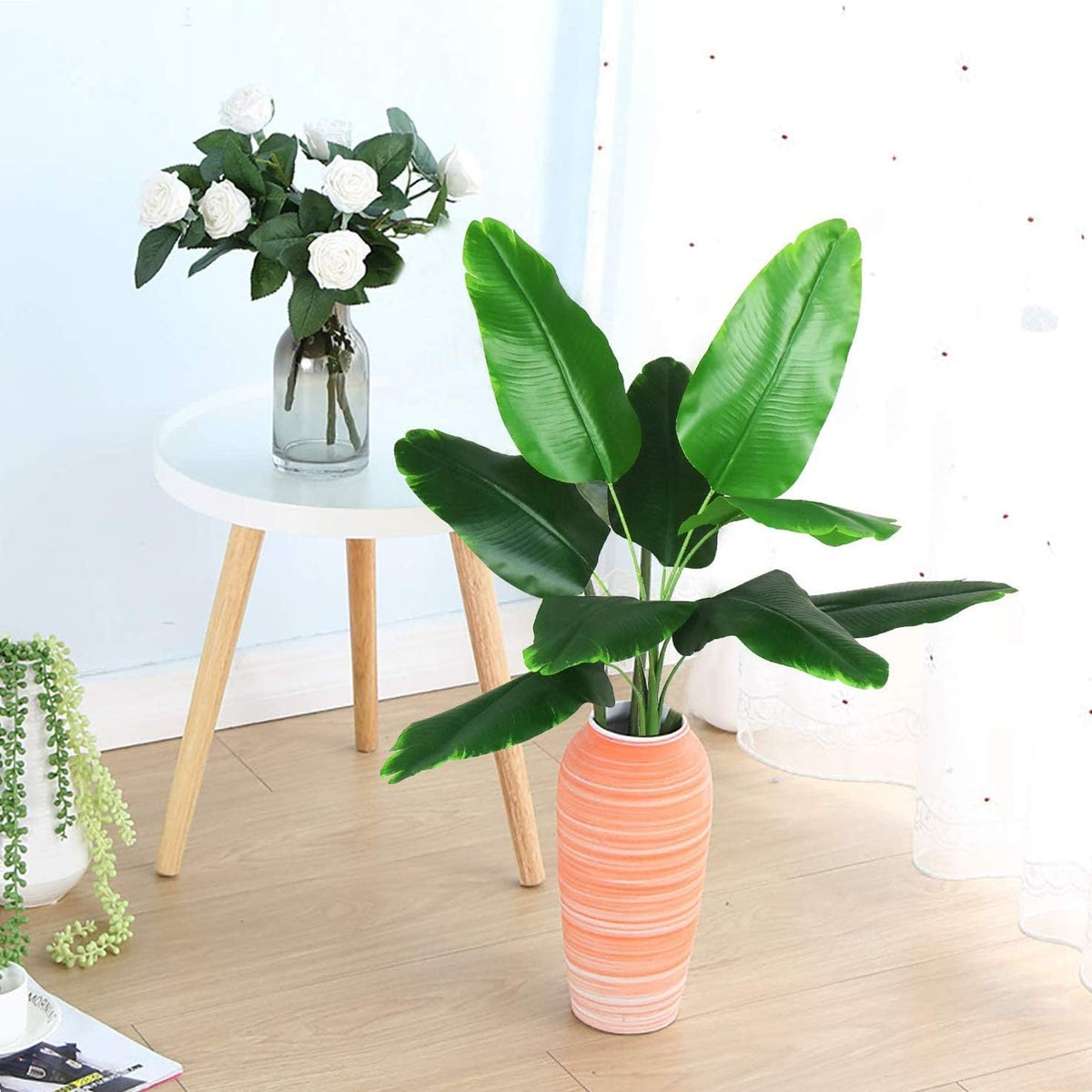 33 inch Tall Artificial Banana Tree, 9 Branches with Brown Leaves, UV Resistant Plastic, Ideal for Decorating Indoors or Outdoors
