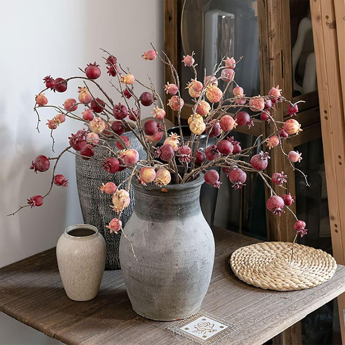 4 Pcs Artificial Pomegranate Branches, 31.9" Fake Mini Fruit Branches Faux Fall Stems Fake Pomegranate Stems Artificial Pomegranate Stems with Leaves for Autumn Farmhouse Thanksgiving Decor