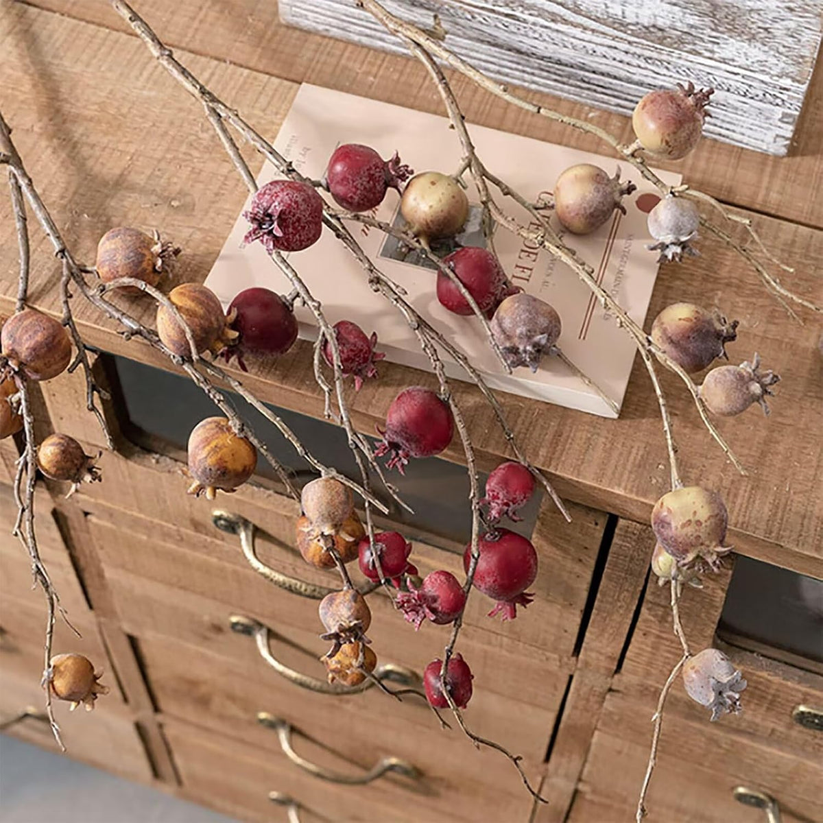 4 Pcs Artificial Pomegranate Branches, 31.9" Fake Mini Fruit Branches Faux Fall Stems Fake Pomegranate Stems Artificial Pomegranate Stems with Leaves for Autumn Farmhouse Thanksgiving Decor