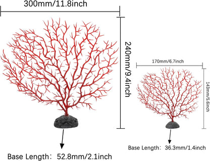 2Pcs Sea Fan Coral Decorations, Red Simulation Sea Coral Branch for Aquarium Ornament Fish Tank Landscape (11.8inch+6.7inch)
