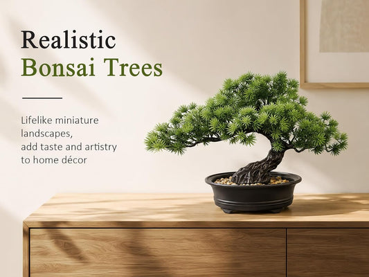 Artificial Plants Indoor Faux Bonsai Tree with Pot for Home Office Shelf Desk Decor, 9.5" Tall, Green