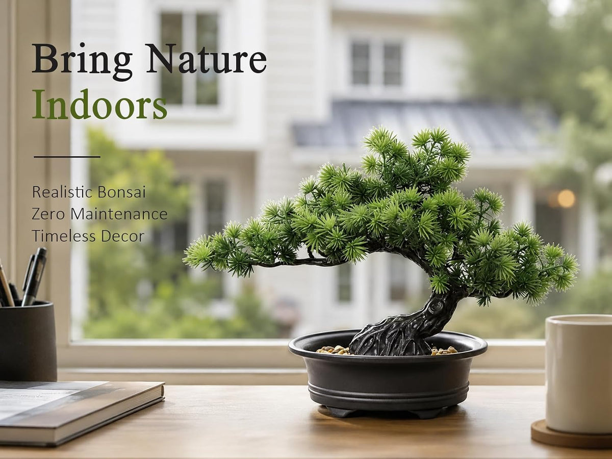 Artificial Plants Indoor Faux Bonsai Tree with Pot for Home Office Shelf Desk Decor, 9.5" Tall, Green