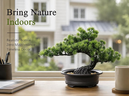 Artificial Plants Indoor Faux Bonsai Tree with Pot for Home Office Shelf Desk Decor, 9.5" Tall, Green