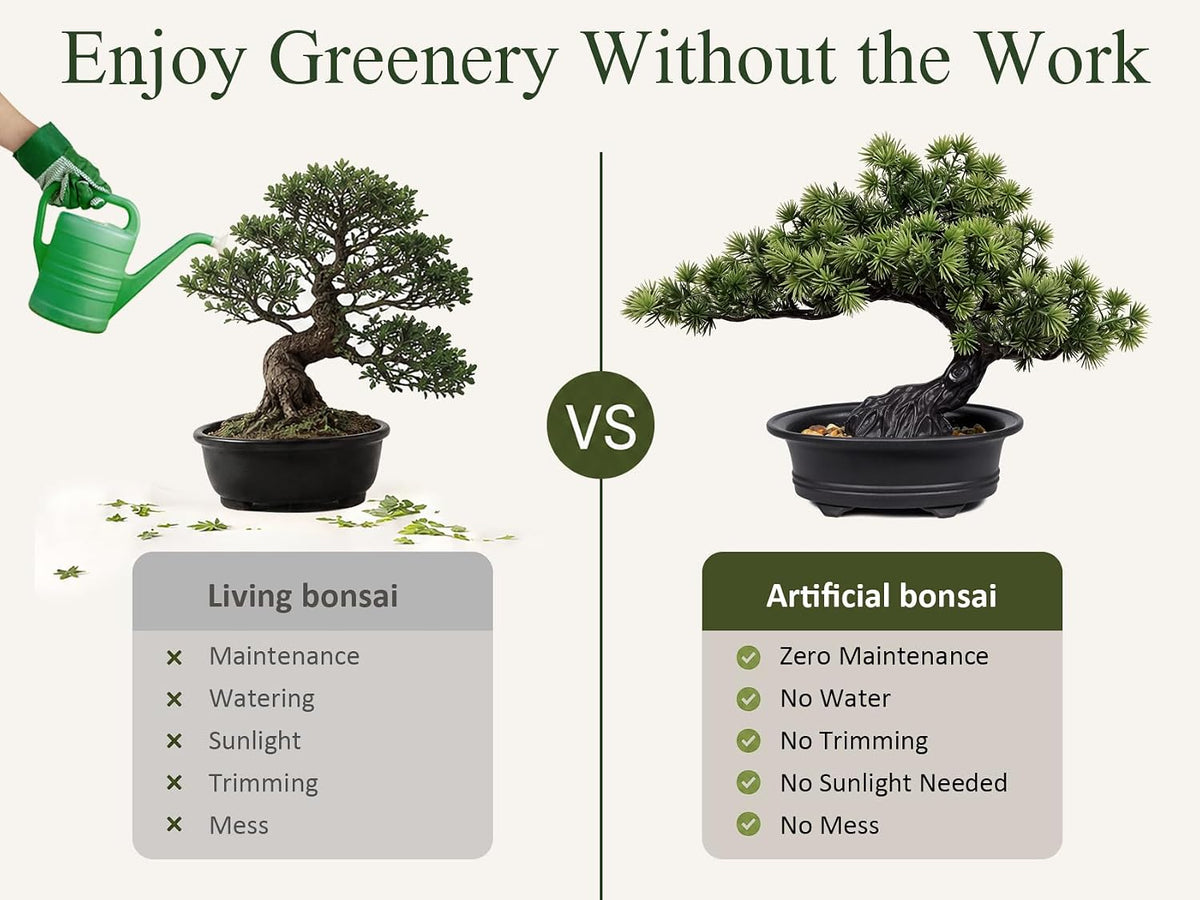 Artificial Plants Indoor Faux Bonsai Tree with Pot for Home Office Shelf Desk Decor, 9.5" Tall, Green