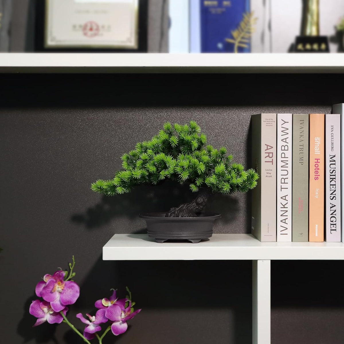 Artificial Plants Indoor Faux Bonsai Tree with Pot for Home Office Shelf Desk Decor, 9.5" Tall, Green