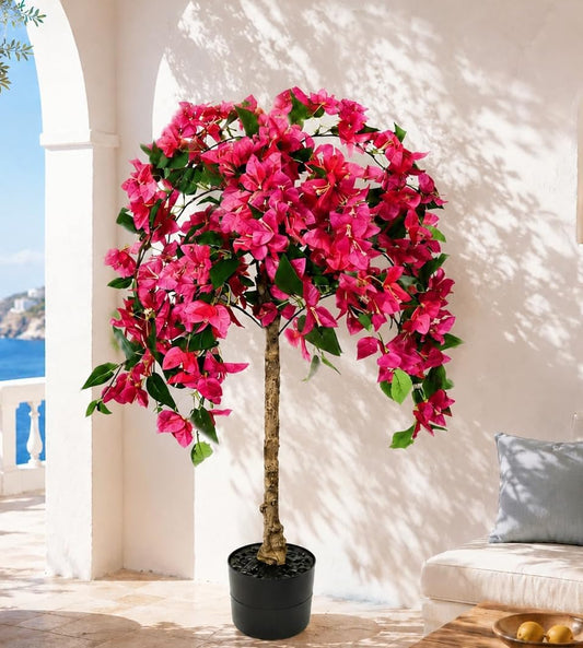 3.7FT Artificial Bougainvillea Tree, Faux Silk Flowering Potted Plant with Realistic Wood Trunk for Indoor Outdoor Home Decor, Front Porch, Patio & Garden