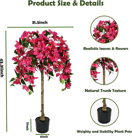 3.7FT Artificial Bougainvillea Tree, Faux Silk Flowering Potted Plant with Realistic Wood Trunk for Indoor Outdoor Home Decor, Front Porch, Patio & Garden