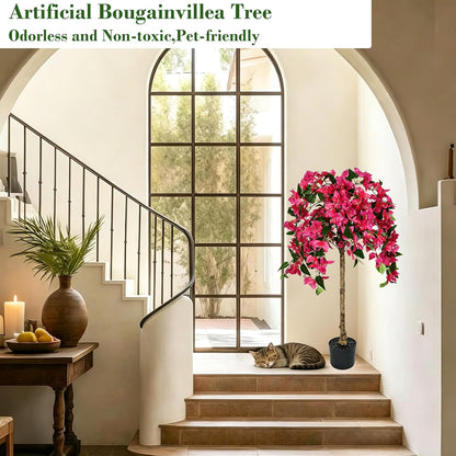 3.7FT Artificial Bougainvillea Tree, Faux Silk Flowering Potted Plant with Realistic Wood Trunk for Indoor Outdoor Home Decor, Front Porch, Patio & Garden