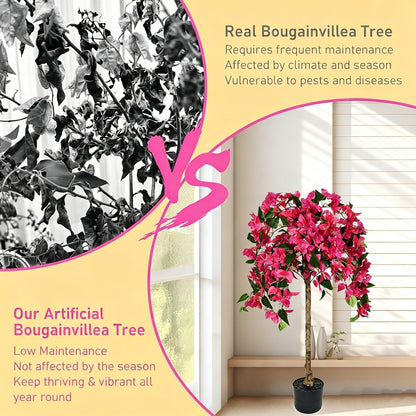 3.7FT Artificial Bougainvillea Tree, Faux Silk Flowering Potted Plant with Realistic Wood Trunk for Indoor Outdoor Home Decor, Front Porch, Patio & Garden