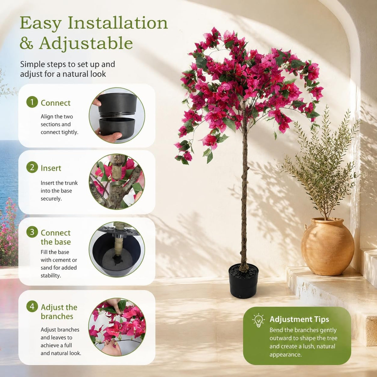 3.7FT Artificial Bougainvillea Tree, Faux Silk Flowering Potted Plant with Realistic Wood Trunk for Indoor Outdoor Home Decor, Front Porch, Patio & Garden