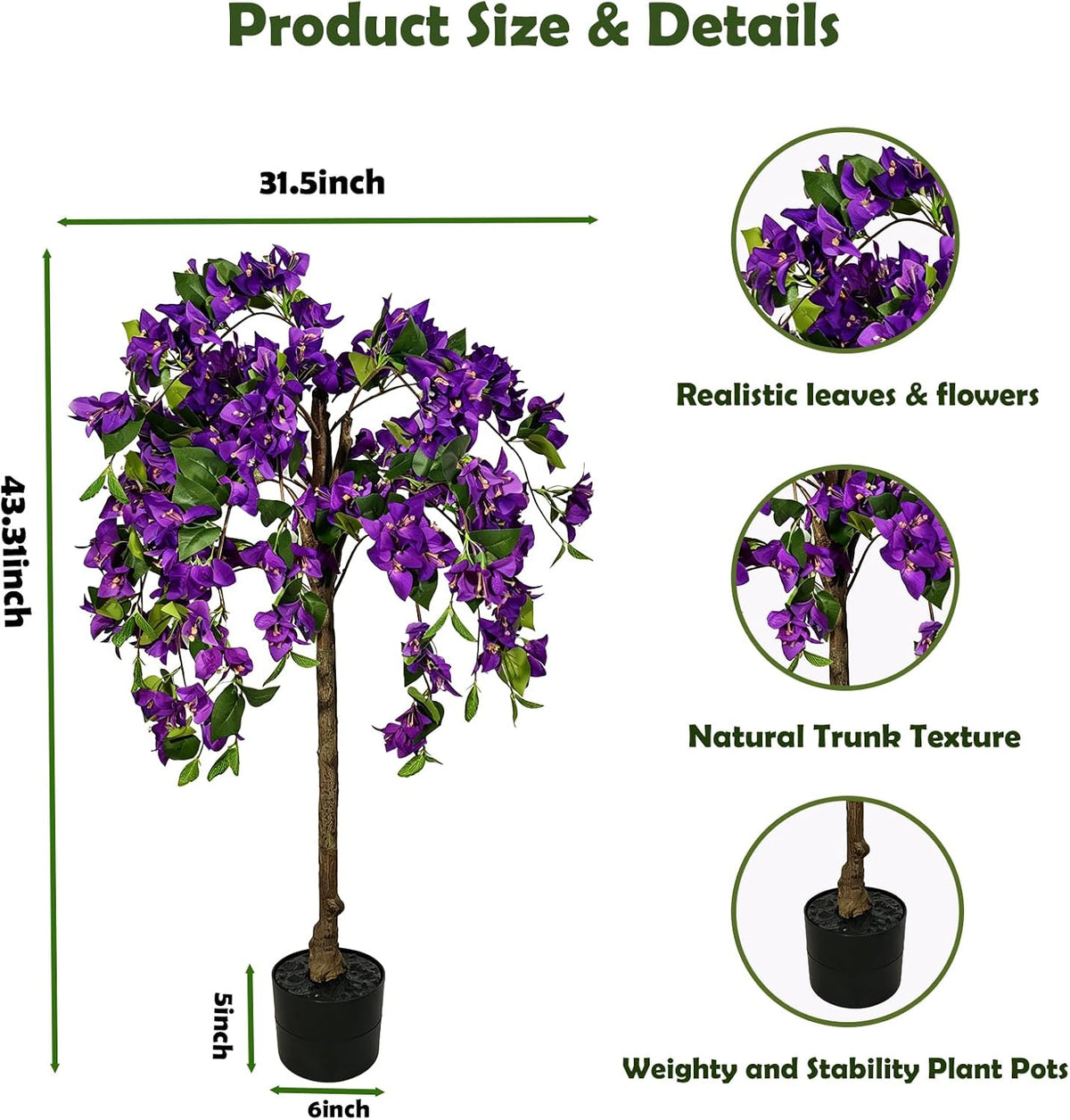 3.7FT Artificial Bougainvillea Tree, Faux Silk Flowering Potted Plant with Realistic Wood Trunk for Indoor Outdoor Home Decor, Front Porch, Patio & Garden