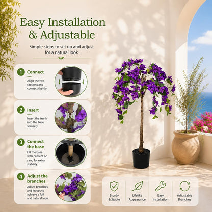 3.7FT Artificial Bougainvillea Tree, Faux Silk Flowering Potted Plant with Realistic Wood Trunk for Indoor Outdoor Home Decor, Front Porch, Patio & Garden