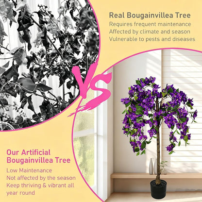 3.7FT Artificial Bougainvillea Tree, Faux Silk Flowering Potted Plant with Realistic Wood Trunk for Indoor Outdoor Home Decor, Front Porch, Patio & Garden