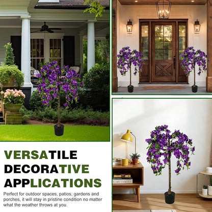 3.7FT Artificial Bougainvillea Tree, Faux Silk Flowering Potted Plant with Realistic Wood Trunk for Indoor Outdoor Home Decor, Front Porch, Patio & Garden