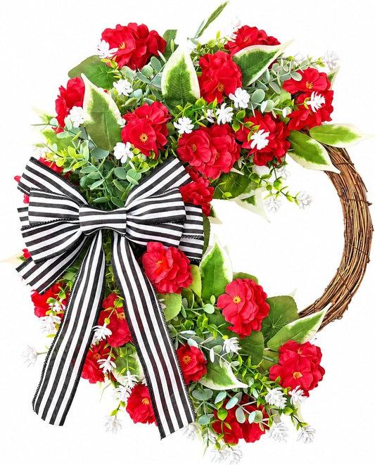 Red Geranium Front Door Wreath with Black White Bow | Farmhouse Summer Wreath for Front Porch, Everyday Greenery Door Hanger for Indoor Outdoor Wall Window Decor