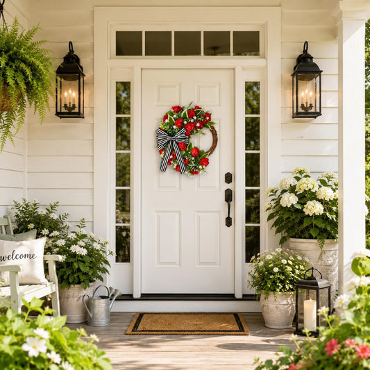 Red Geranium Front Door Wreath with Black White Bow | Farmhouse Summer Wreath for Front Porch, Everyday Greenery Door Hanger for Indoor Outdoor Wall Window Decor